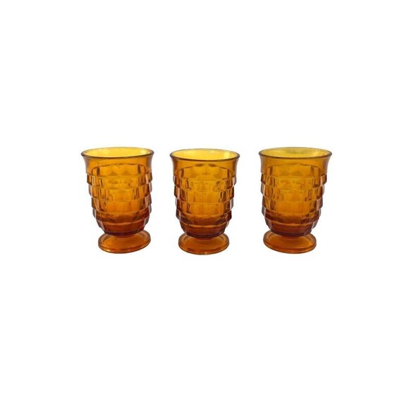 Vintage Amber Cut Footed Glasses Short Indiana Whitehall MCM 3QTY - Picture 1 of 7